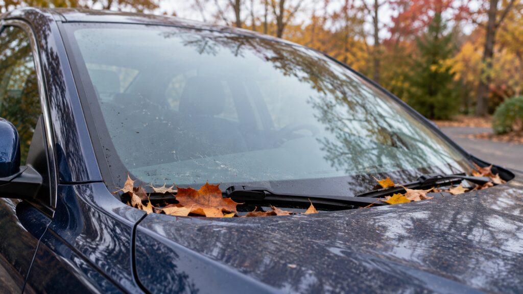 Illustrative AI-generated image of autumn leaves on a car windshield