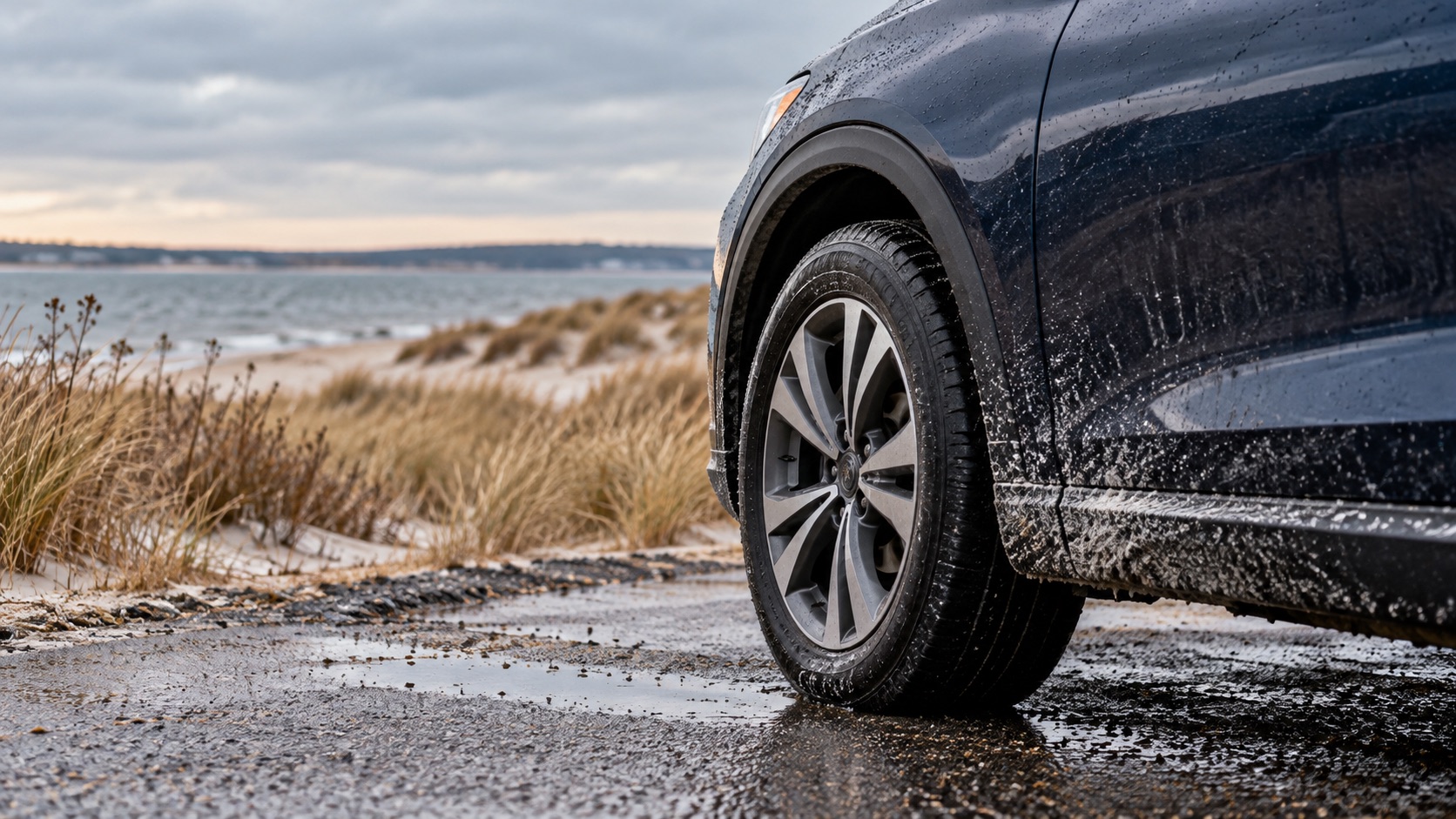 AI-generated illustration of a car wheel and lower body beside a coastal road